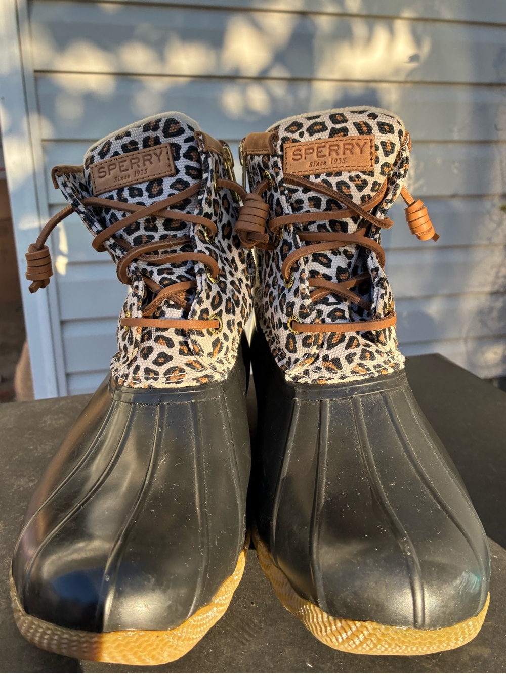 Sperry Leopard Print Duck Boots Women’s Waterproof Black Tan Size 8.5
